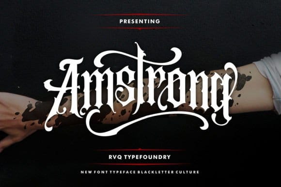 Armstrong vintage elegant typeface font preview showing uppercase and lowercase letters with alternative glyphs and swashes in classic typography design
