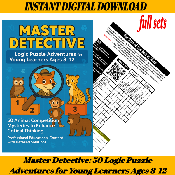 Cover image of "Master Detective: Logic Puzzle Adventures - Complete Set (Volumes 1-5)" featuring illustrated animals and logic puzzle elements designed for kids aged 8–12.