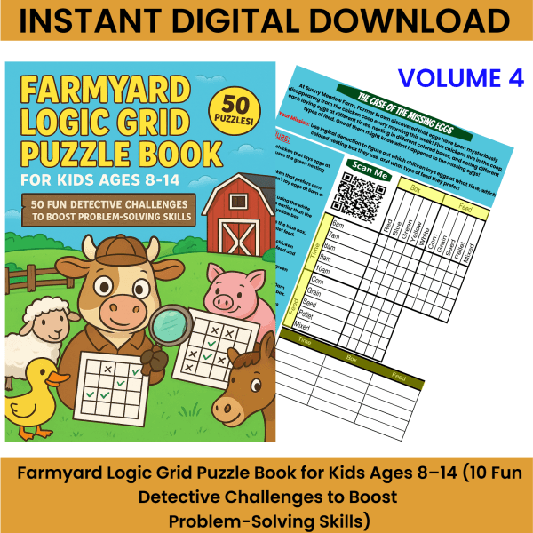 Farmyard Logic Grid Puzzle Book for Kids Ages 8–14 – Educational Activity Book with 50 Fun Farm-Themed Detective Puzzles in Large Print Format