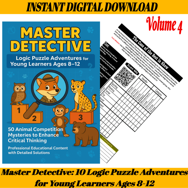 Cover image of "Master Detective: Logic Puzzle Adventures - Complete Set (Volumes 1-5)" featuring illustrated animals and logic puzzle elements designed for kids aged 8–12.