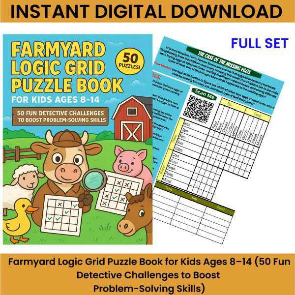50 Farmyard Logic Grid Puzzle for Kids Ages 8–14 | Full Set