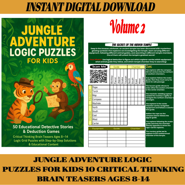 Jungle Adventure Logic Puzzle Pack for Kids – Printable PDF with 10 Jungle-Themed Deduction Games for Ages 8 to 14
